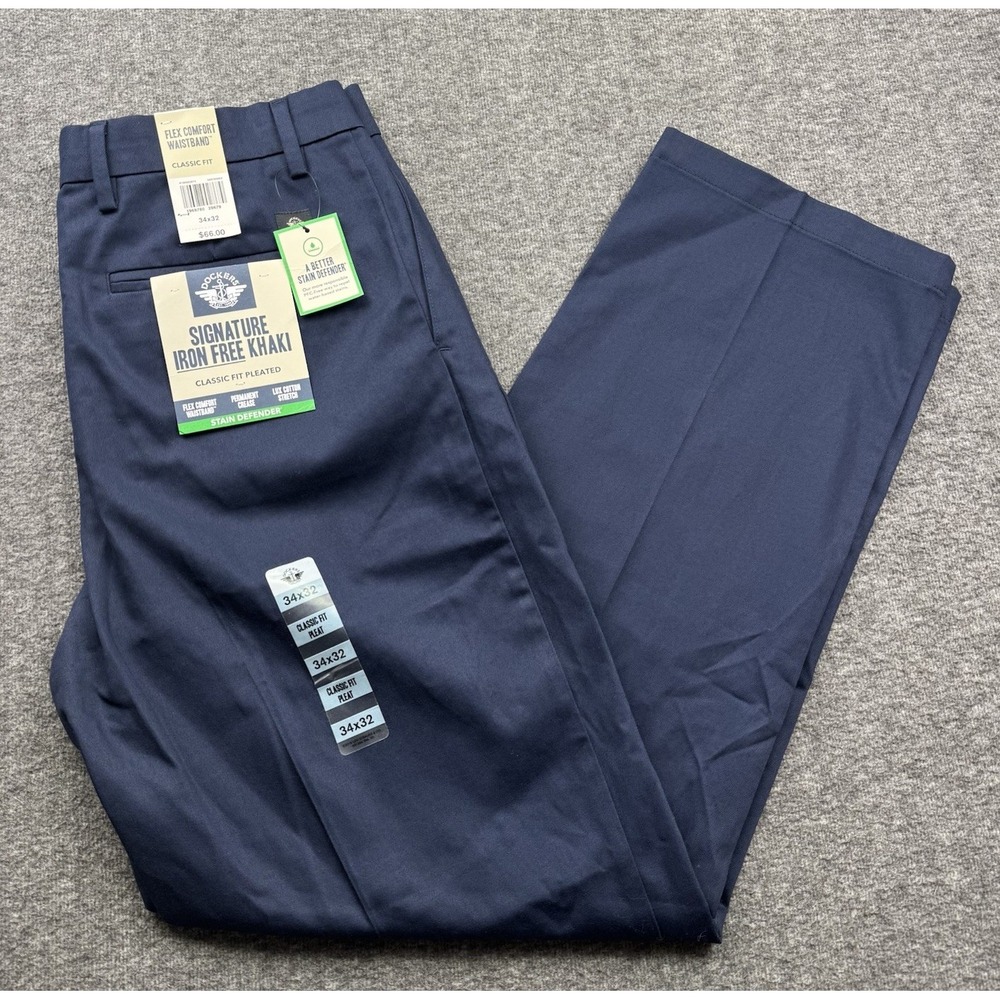 Dockers Signature Iron Free Khaki Classic Fit Pleated Mens Sz 34X32 Navy Blue‎
